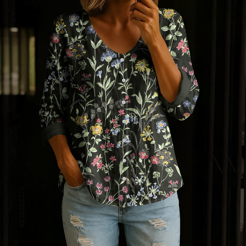 Pastoral Watercolor Flowers And Plants Print Button V-neck A-line Long Sleeve Blouse - Black - US 26-28 (4XL) - image 5
