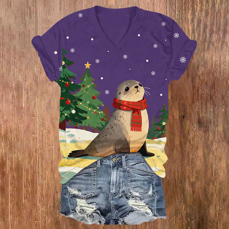 Christmas Winter Snowy Seal With Scarf Art Print V-neck T-shirt - Purple - US32-34(5XL) - image 5
