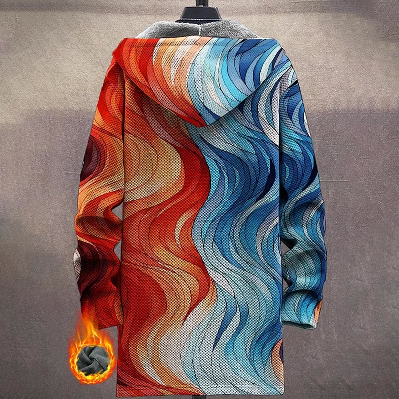 Orange And Blue Artistic Ocean Waves Pattern  Print Unisex Plush Thick Long-sleeved Fleece Jacket Coat - image 3