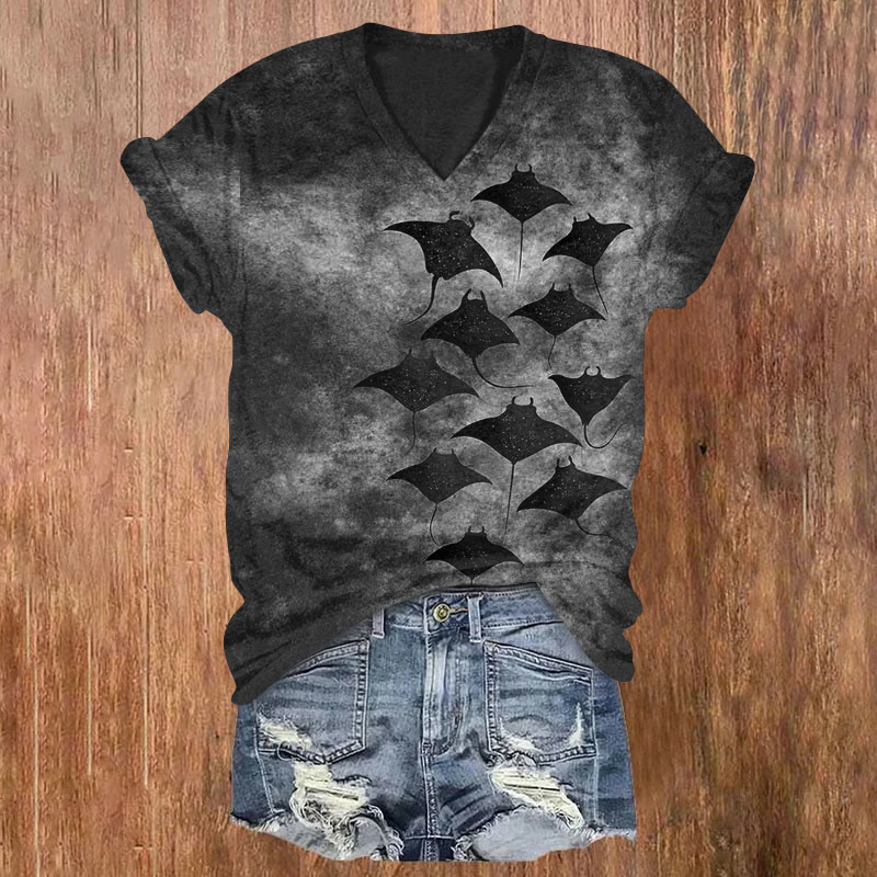 Vintage Manta Ray Art Print V-neck T-shirt - Black - 5XL - image 2