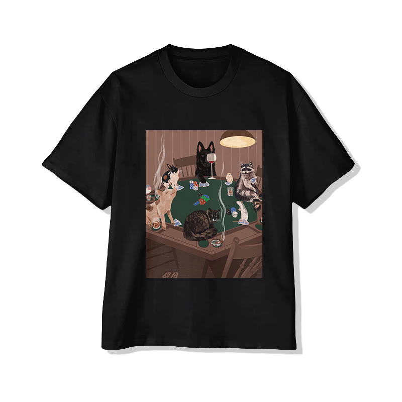 Unisex Vintage Animal Poker Night Print Short Sleeved Crew Neck T-Shirt - Black - 2XL - image 5