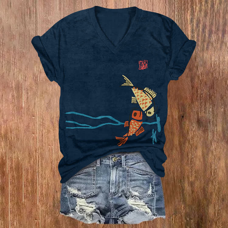 Vintage Japanese Woodblock Print: Twin Fish Pattern Print Short Sleeved V-Neck T-Shirt - Navy Blue - US32-34(5XL) - image 5