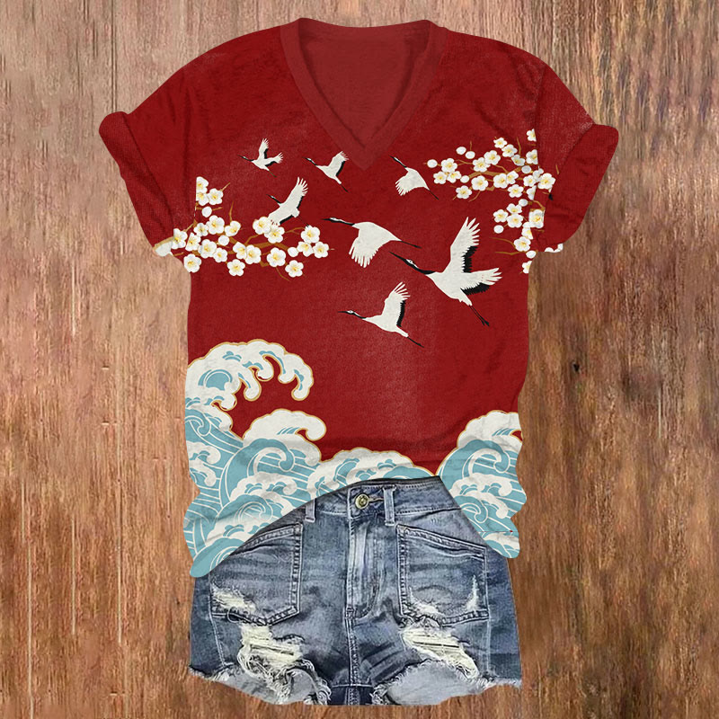 Japanese Wave & Sakura Cranes Art T-shirt - Red - US32-34(5XL) - image 3