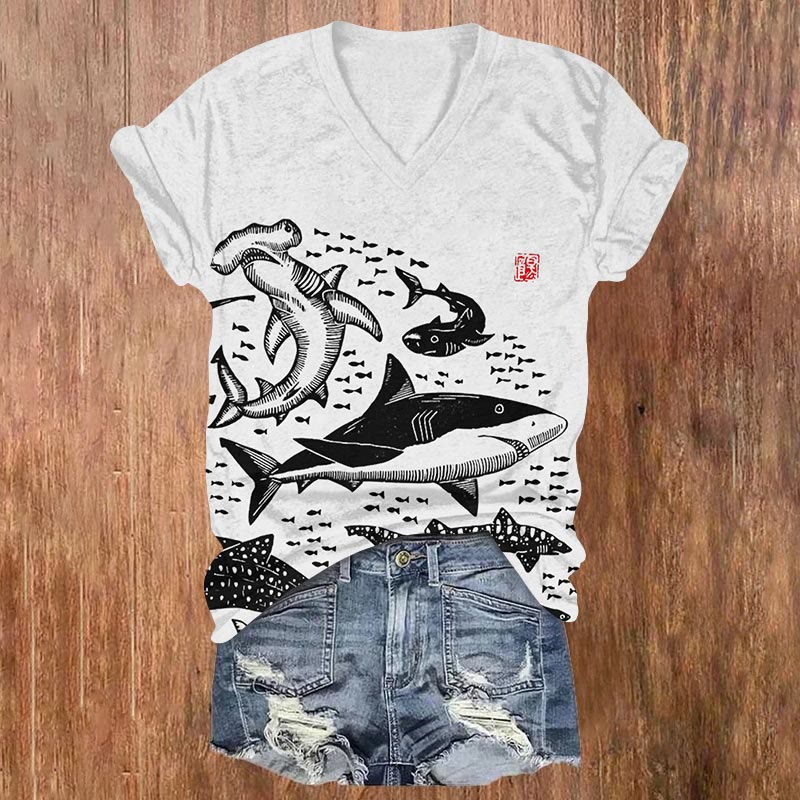 Sharks Japanese Lino Art Graphic Print V-neck T-shirt - Black - US32-34(5XL) - image 2