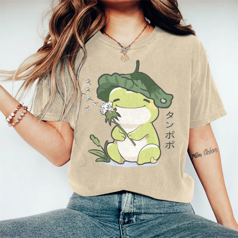 100% Cotton Women's Japanese Happy Frog Holding Dandelion Art Print Casual T-shirt - Khaki - 2XL - image 5