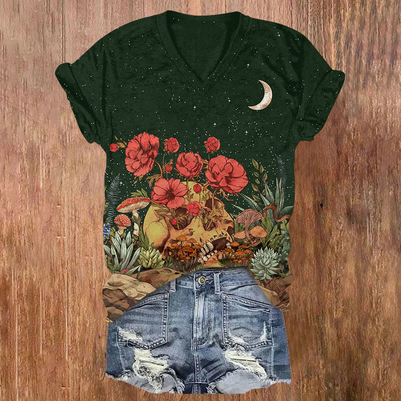 Halloween Skeleton & Flower Print V-neck T-shirt - Green - US32-34(5XL) - image 2