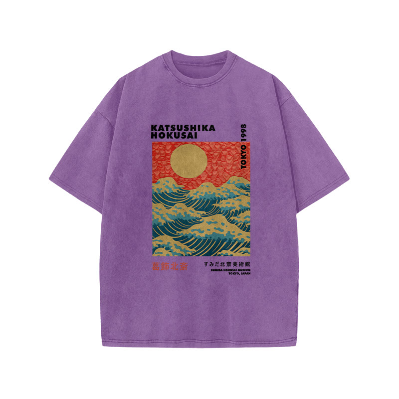 Unisex 100% Cotton Katsushika Hokusai Vintage Print Acid Washed T-shirt - Purple - 3XL - image 9