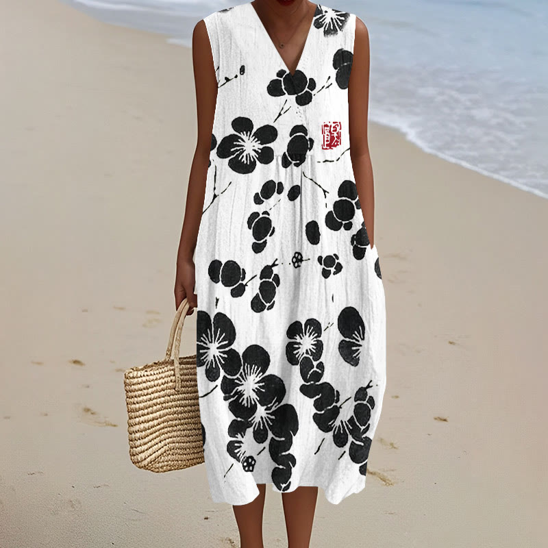 Cherry Blossom Japanese Lino Art Vintage Print V-neck Sleeveless Dress - White - 5XL - image 4