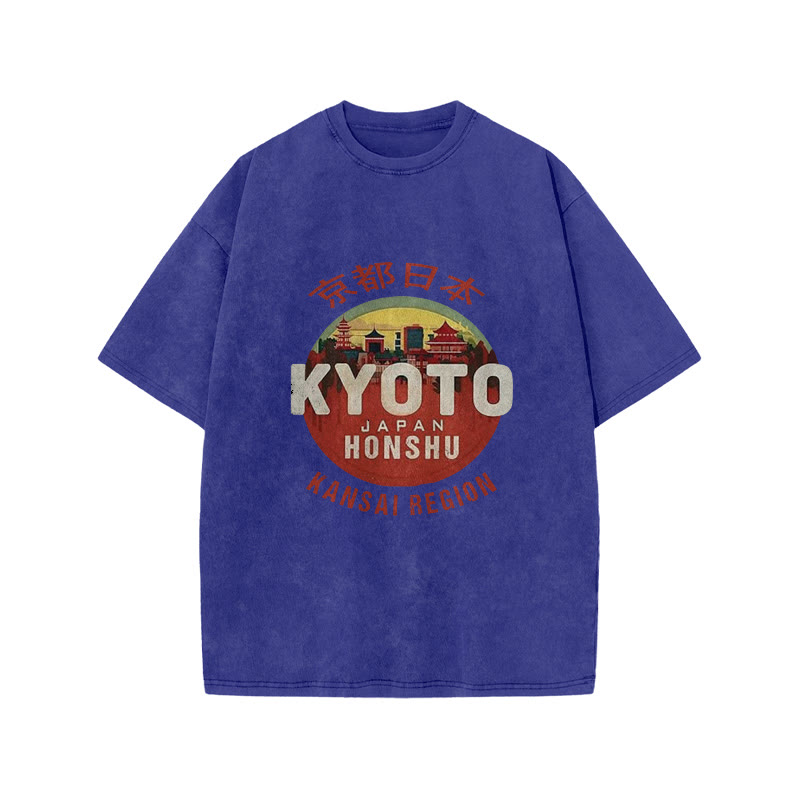 Unisex 100% Cotton Kyoto Japan Honshu Kansai Region Vintage Print Acid Washed T-shirt - Blue - 3XL - image 6