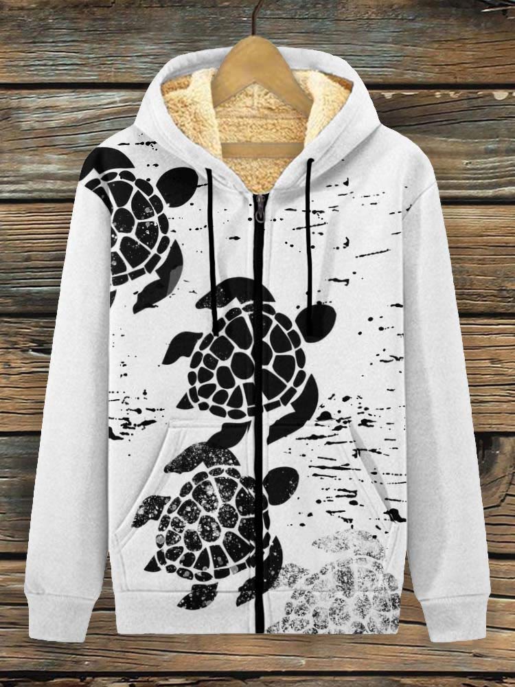 Ocean Turtle Lino Art Graphic Comfy Fleece Jacket
