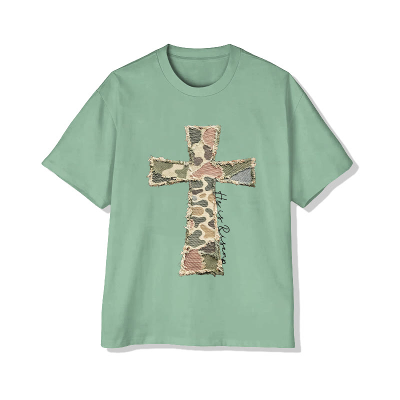 Christian He Is Risen Camouflage Cross Print Pattern Cotton Print T-shirt - Light Green - US16-18(2XL) - image 9