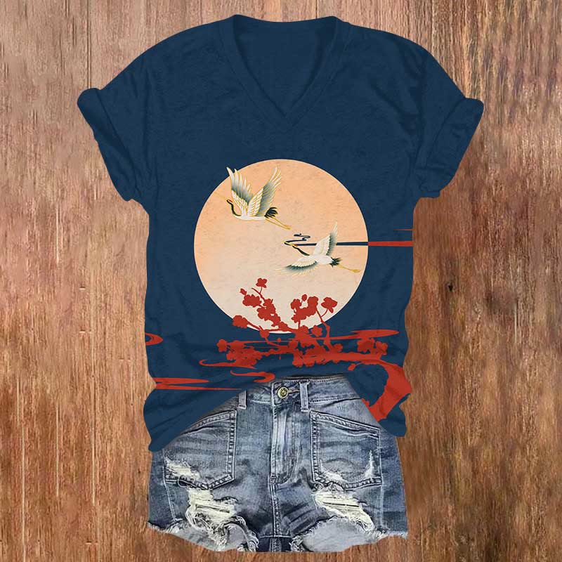 Japanese Sun Crane & Plum Blossom Art  Print V-neck T-shirt - Red - US32-34(5XL) - image 2