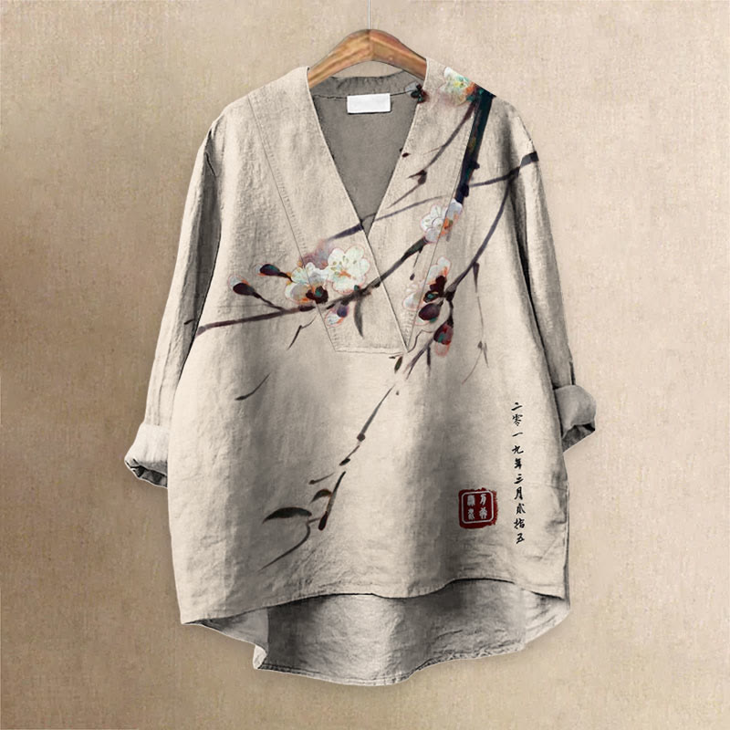Vintage Plum Blossom Art Printed Casual V-neck Blouse - Apricot - 6XL - image 4