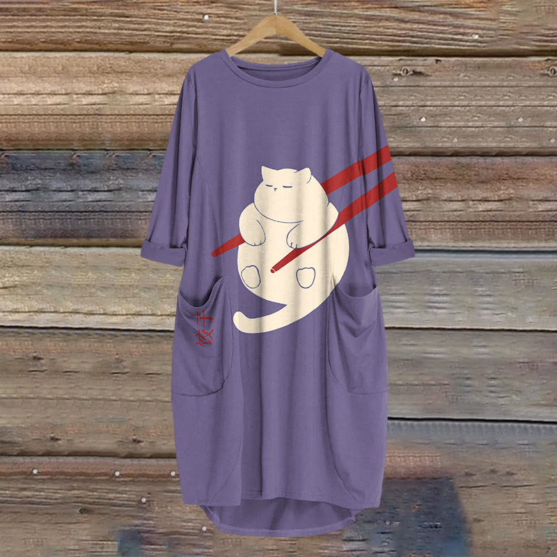 Cat Dumpling Art Print Crew Neck Casual Dress