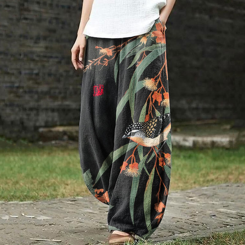 Japanese Vintage Little Bird Pattern Print Casual Bloomers Pants - Black - US18(5XL) - image 4