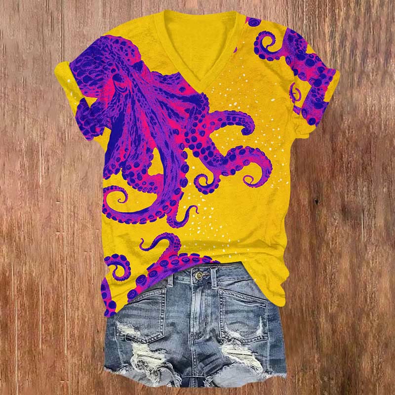 Ocean Vibrant Octopus Print V-neck T-shirt - Orange - US32-34(5XL) - image 3