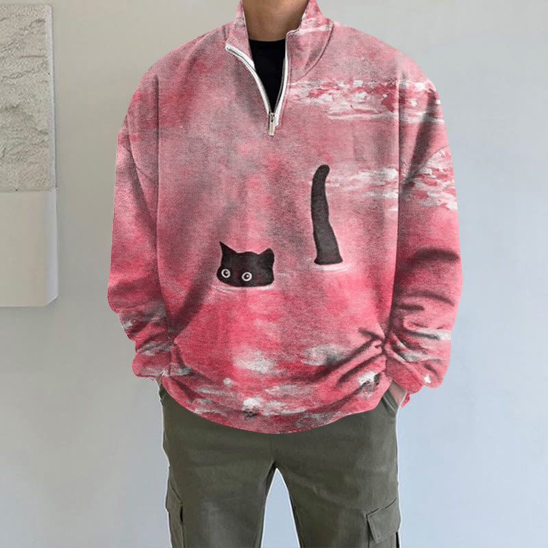 Women's Oil Painting Cat Print Long Sleeve Zipper Sweatshirt - Pink - 5XL - image 4