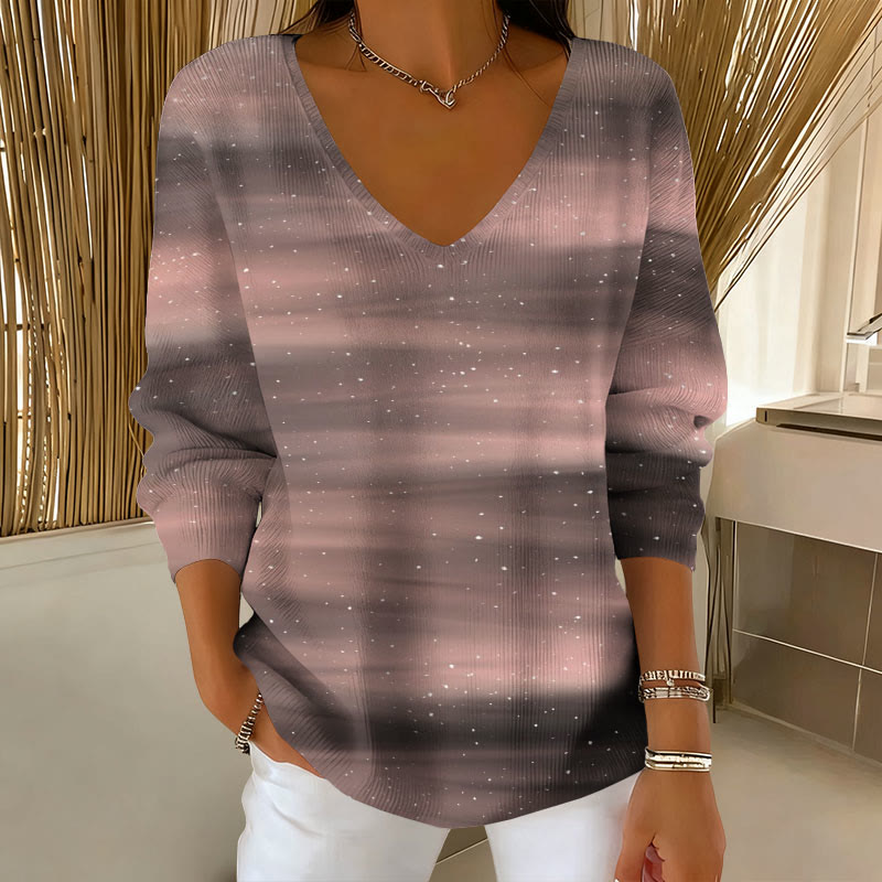 Starry Sky Gradient Horizontal Stripes Print V-neck long sleeved sweater - Pink - 5XL - image 3