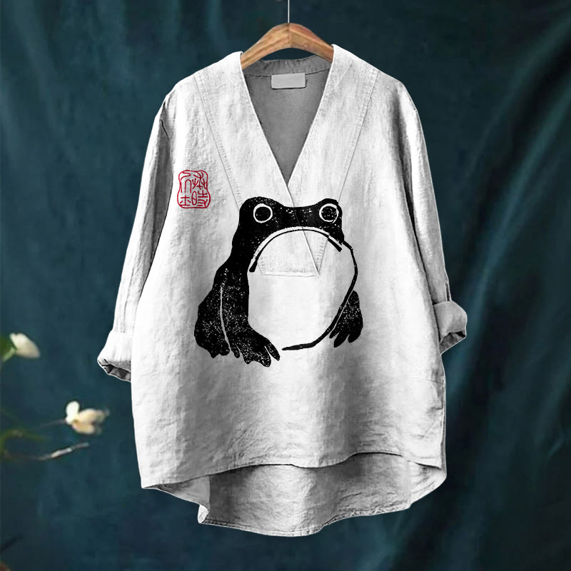 Frog Ancient Japanese Art Printed Casual V-neck Blouse - image 6