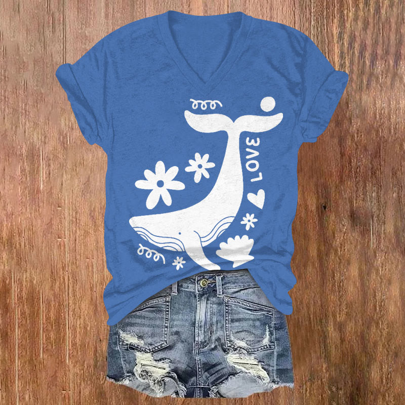 Love Cute Floral Whale Art Print V-neck T-shirt - White - US32-34(5XL) - image 2
