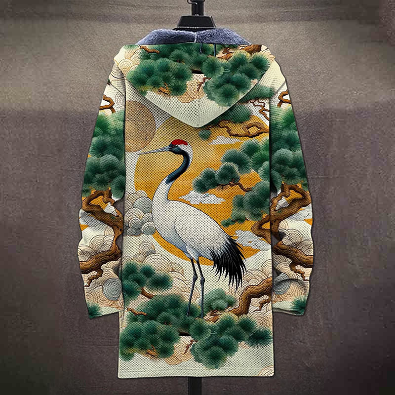 Traditional Crane And Pine Tree Painting Print Unisex Plush Thick Long-sleeved Fleece Jacket Coat - image 4