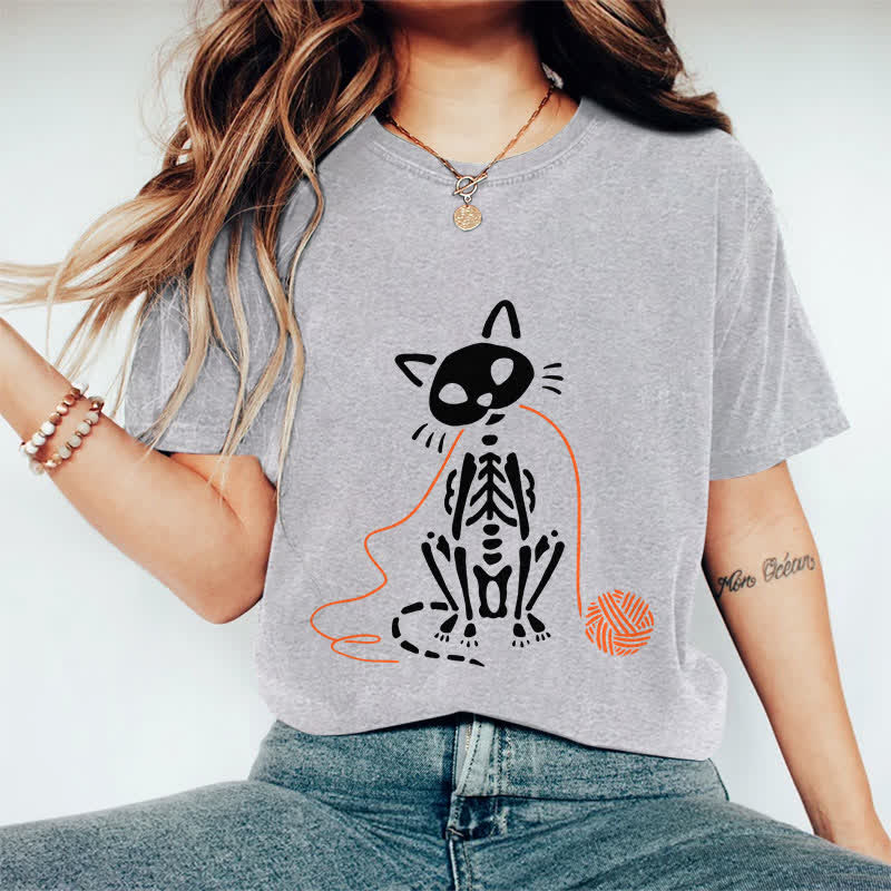 100% Cotton Women's Creative Skeleton Cat Playing Ball Of Yarn Art Print Casual T-shirt - Grey - 2XL - image 3
