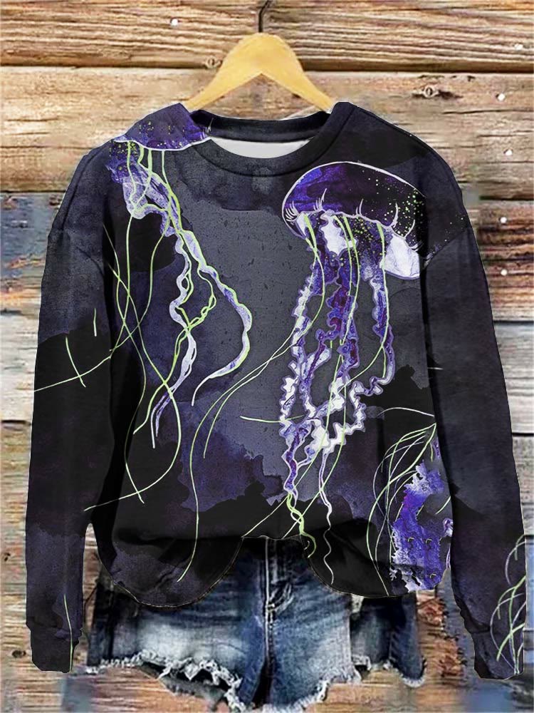 Metallic Ocean Jellyfish Art Print Crew Neck Sweatshirt