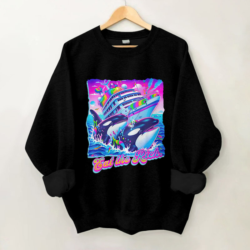 100% Cotton Eat The Rich Whale Print Crew Neck Sweatshirt - Black - 2XL - image 3