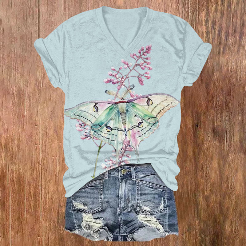 Fantasy Watercolor Butterfly Art Print V-neck T-shirt - Blue - US32-34(5XL) - image 3