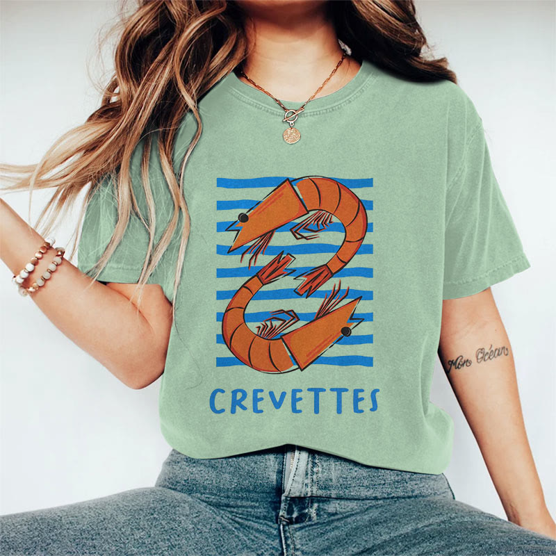 100% Cotton Women's  Japanese Crevettes  Art Print Casual T-shirt - Green - 2XL - image 6