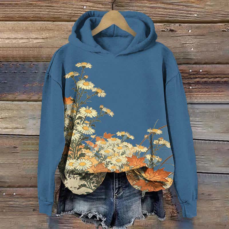 Japanese Oil Painting Sunflower Art Print Long Sleeve Hoodie - Blue - US44-46(8XL) - image 5