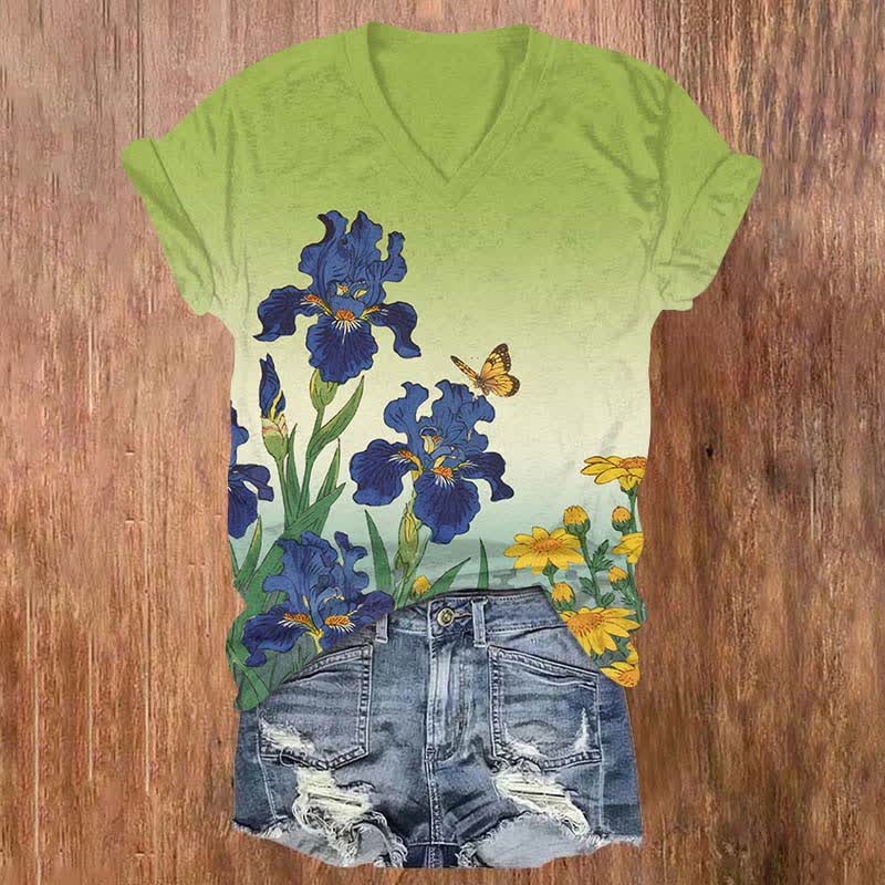 Japanese Watercolor Sunflower Art  Print V-neck T-shirt - Green - US32-34(5XL) - image 3