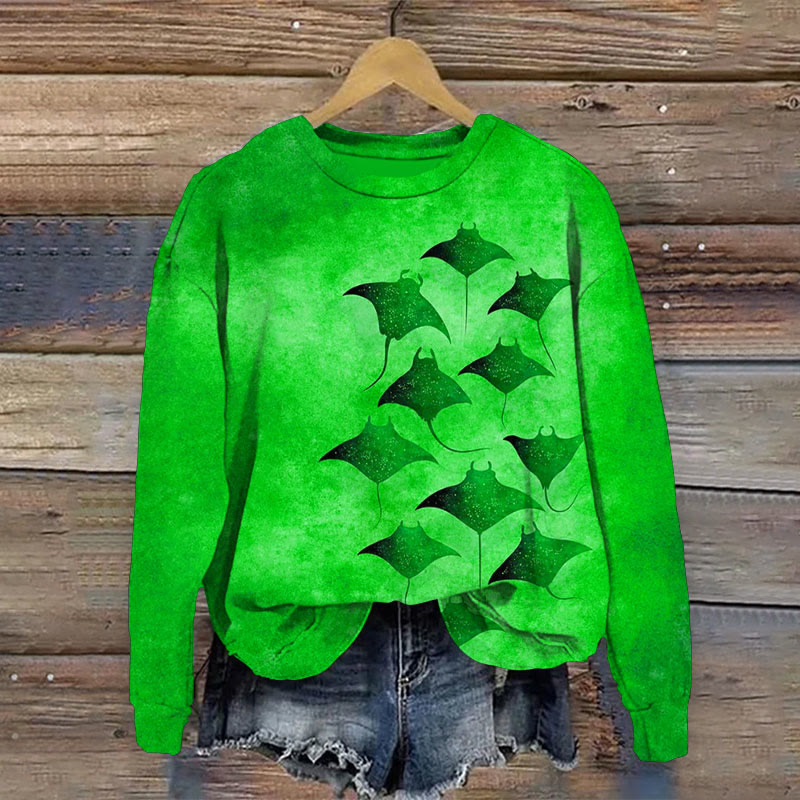 Vintage Manta Ray Art Print Causal Sweatshirt - Green - 5XL - image 4