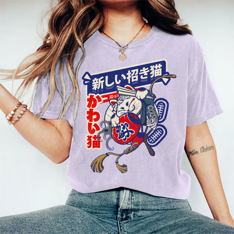 100% Cotton Women's Japanese Lucky Cat Art Print Casual T-shirt - Purple - 2XL - image 3