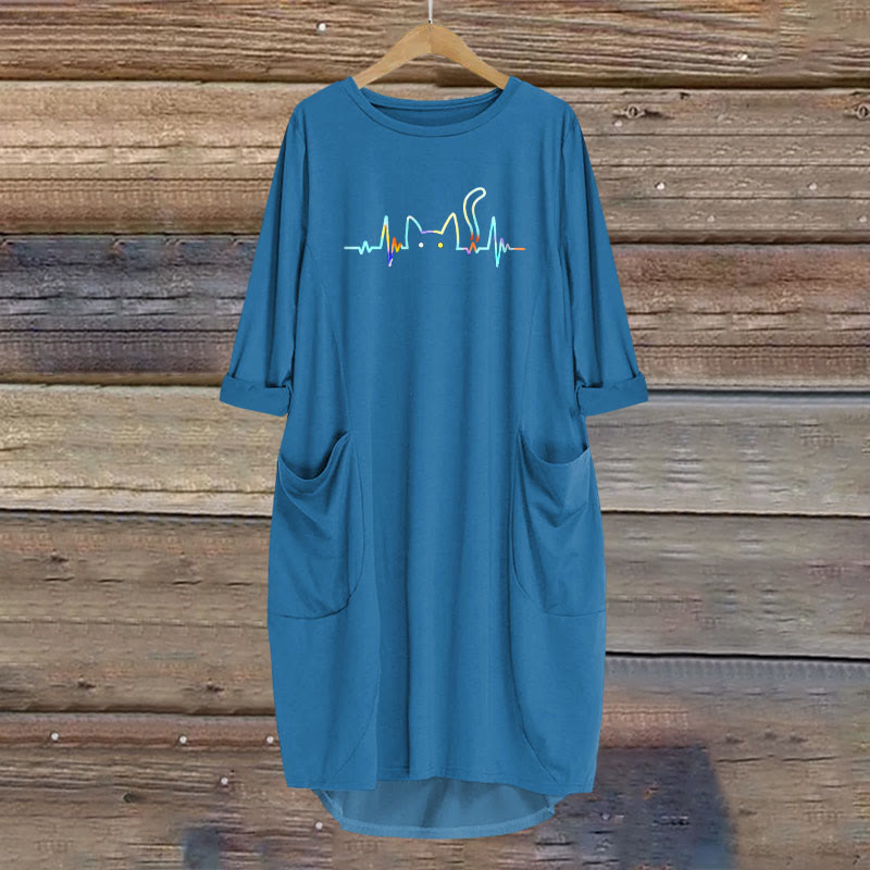 Rainbow Ecg Cat Print Crew Neck Casual Dress