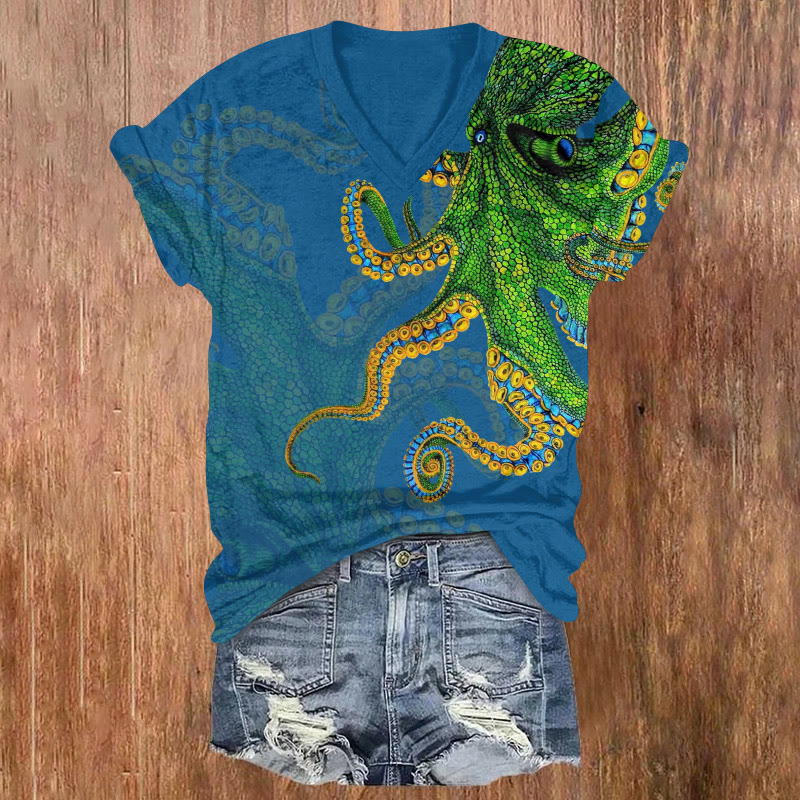 Ocean Octopus Pattern Print Short Sleeved V-neck T-shirt - Lake Blue - US32-34(5XL) - image 3