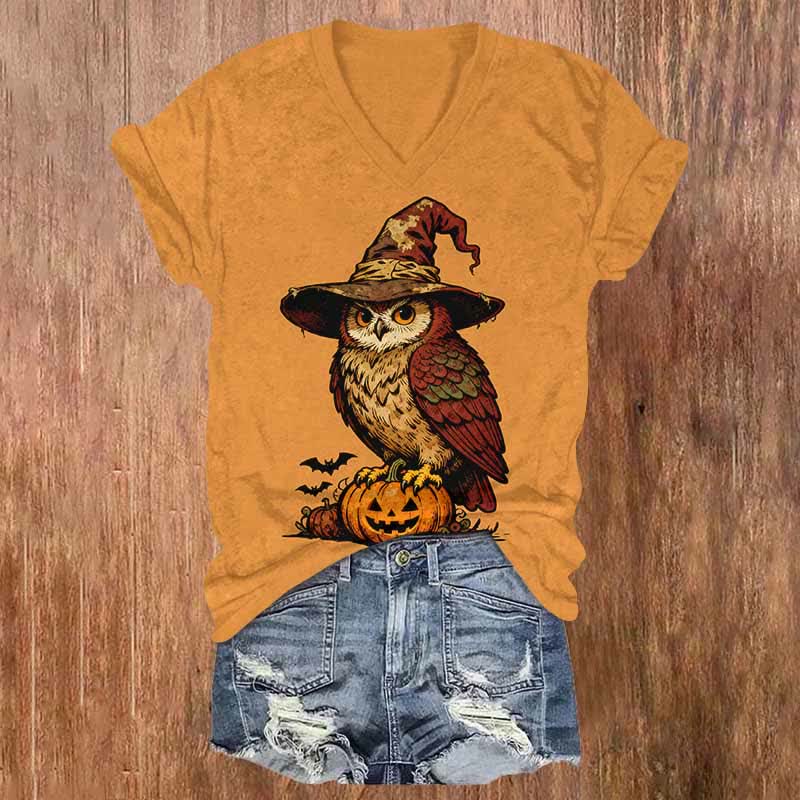 Halloween Wizard Owl Standing On A Pumpkin Print V-neck T-shirt - Orange - US32-34(5XL) - image 6