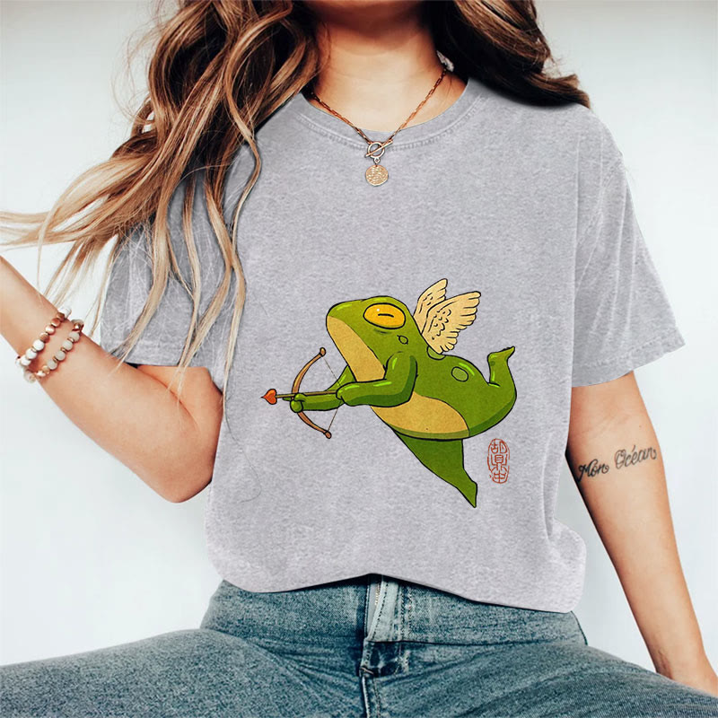 100% Cotton Funny Frog Cupid Art Print Casual T-shirt - Grey - 2XL - image 2