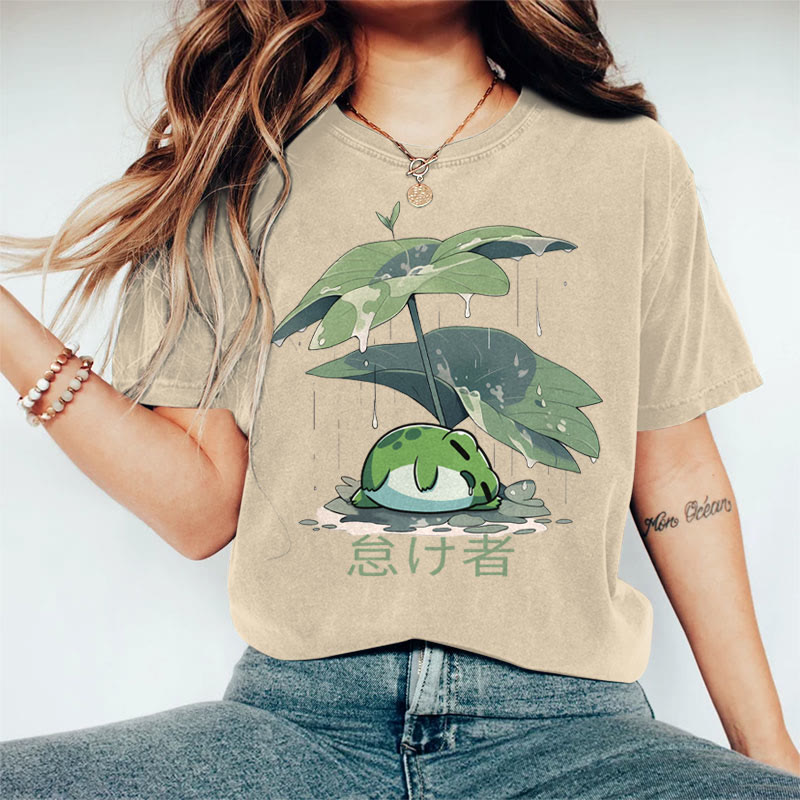 100% Cotton Women's Frog Hiding Rain From Lotus Leaf Umbrella  Art Print Casual T-shirt - Khaki - 2XL - image 4