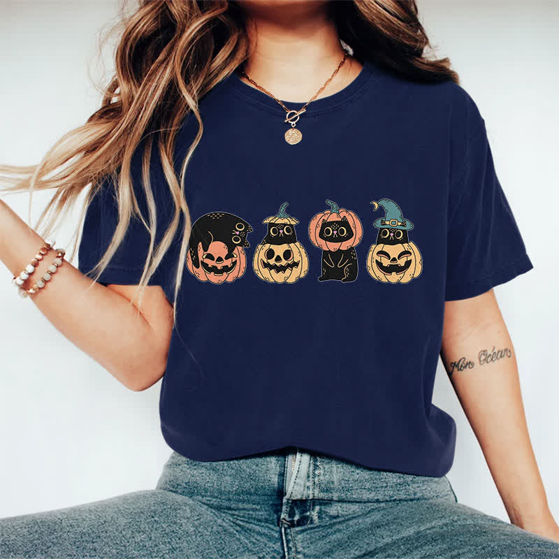 100% Cotton Halloween Funny Black Kitten & Pumpkin Art Print T-shirt - Dark Blue - 2XL - image 4