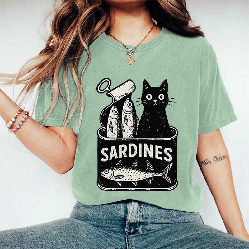 100% Cotton Women's Lovely Canned Sardines & Black Cat Art Print Casual T-shirt - Green - 2XL - image 7