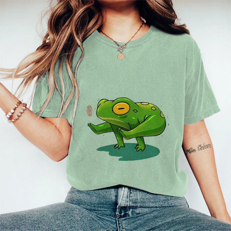 100% Cotton Funny Frog Yoga Art Print Casual T-shirt - Light Green - 2XL - image 6