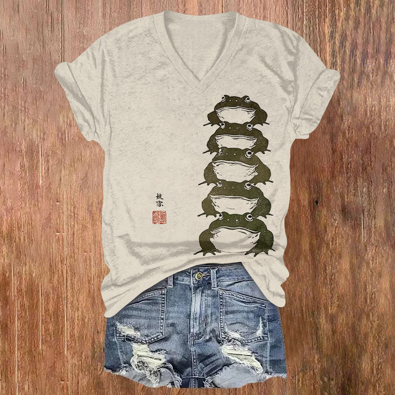 Japanese Funny Stacking Frogs Print Short Sleeved V-neck T-shirt - Apricot - US32-34(5XL) - image 1