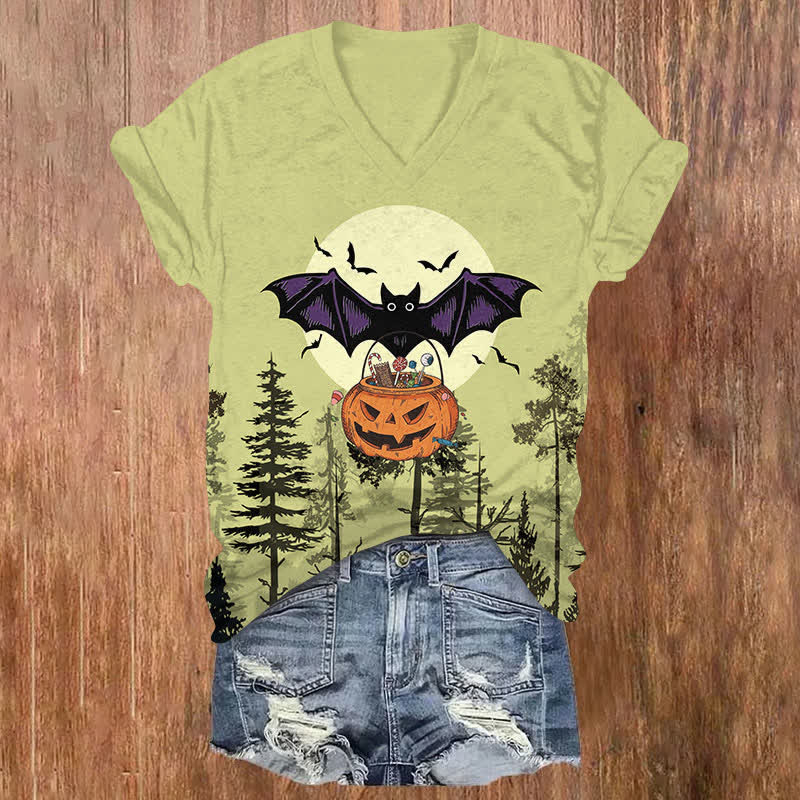  Halloween Bat Holding A Pumpkin Basket In Forest Print V-neck T-shirt - Green - US32-34(5XL) - image 2