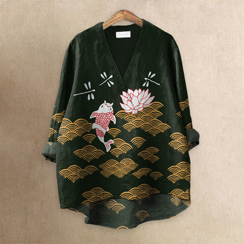 Japanese Style Koi Fish Dragonfly Wave Art Printed Casual V-neck Blouse - Dark Green - 6XL - image 2
