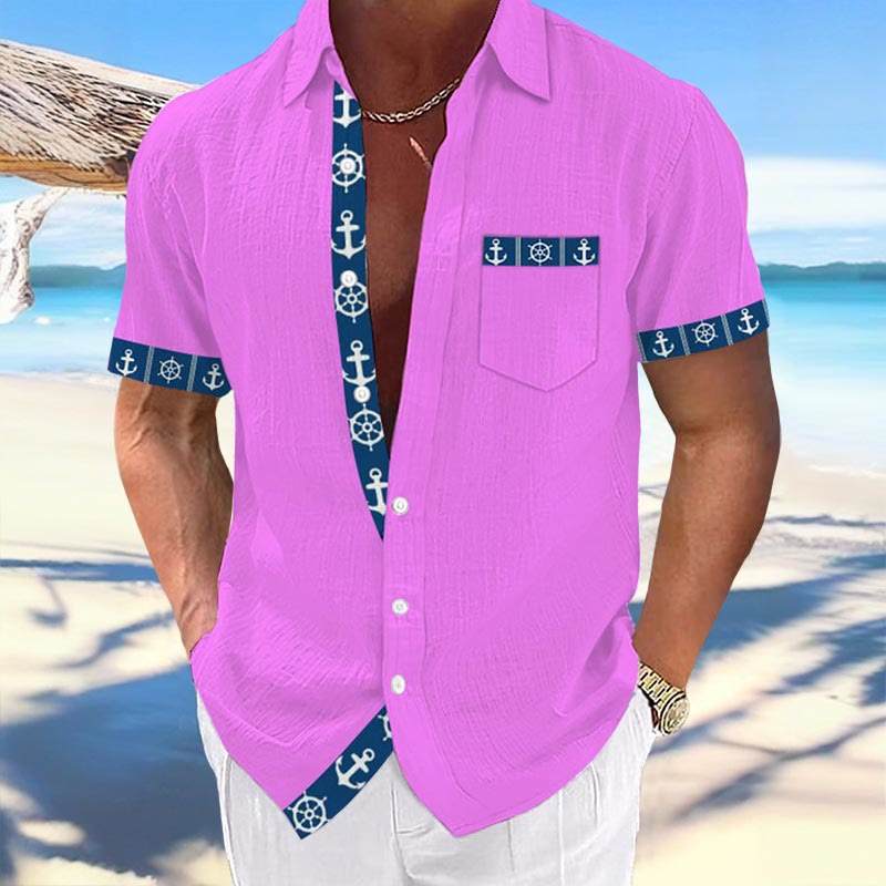 Men's Summer Vacation Anchor Print Lapel Shirt - Purple - 5XL - image 3