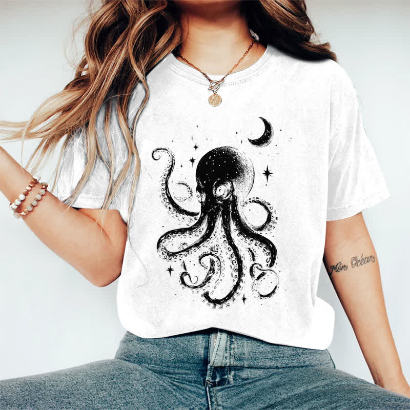 100% Cotton Japanese Watercolor Star & Moon Octopus Art T-shirt - White - 2XL - image 6