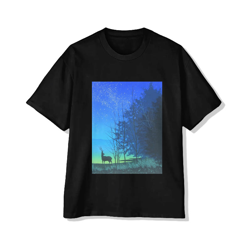 Unisex Starry Night Deer Forest Art Print Short Sleeved Crew Neck T-Shirt - Black - 2XL - image 4