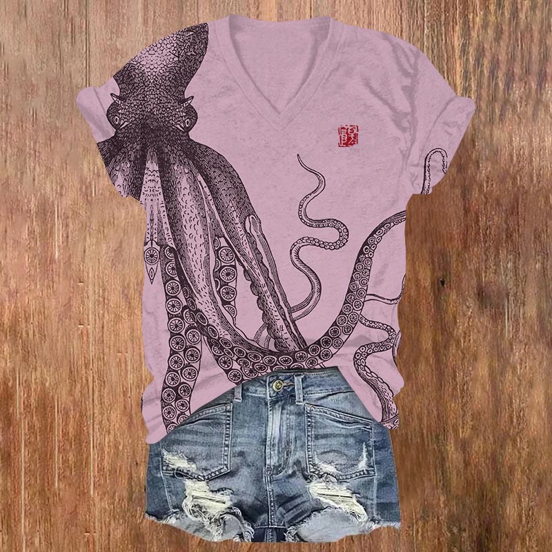 Japanese Art Octopus Art Print T-shirt - Pink - US32-34(5XL) - image 4
