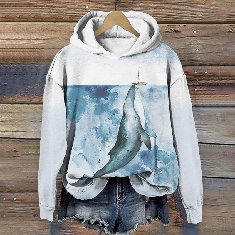 Abstract Blue Ocean Whale Watercolor Canvas Painting Long Sleeve Hoodie - Blue - 8XL - image 1